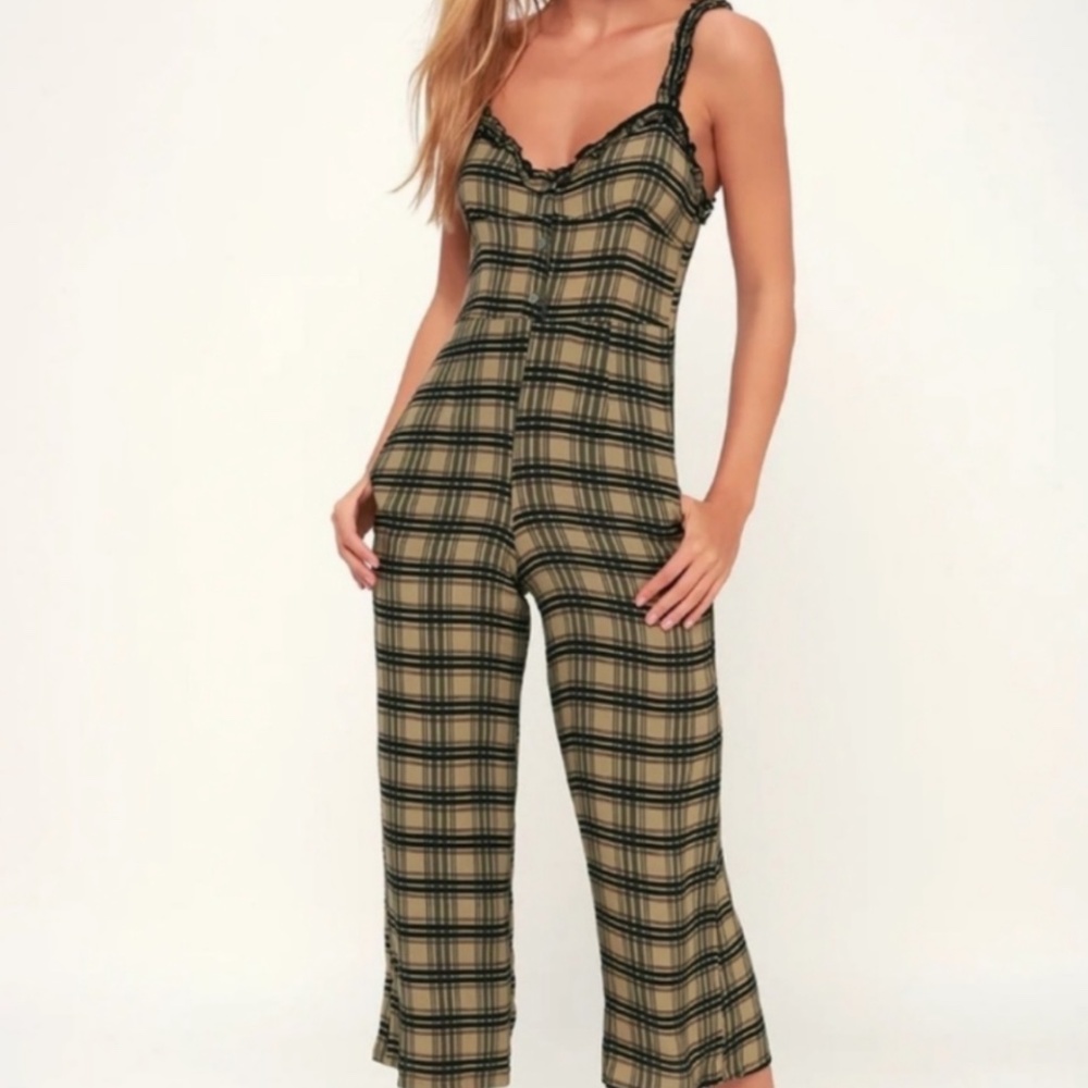 Faithfull the Brand Cancun Olive Plaid Jumpsuit (S) EUC!!